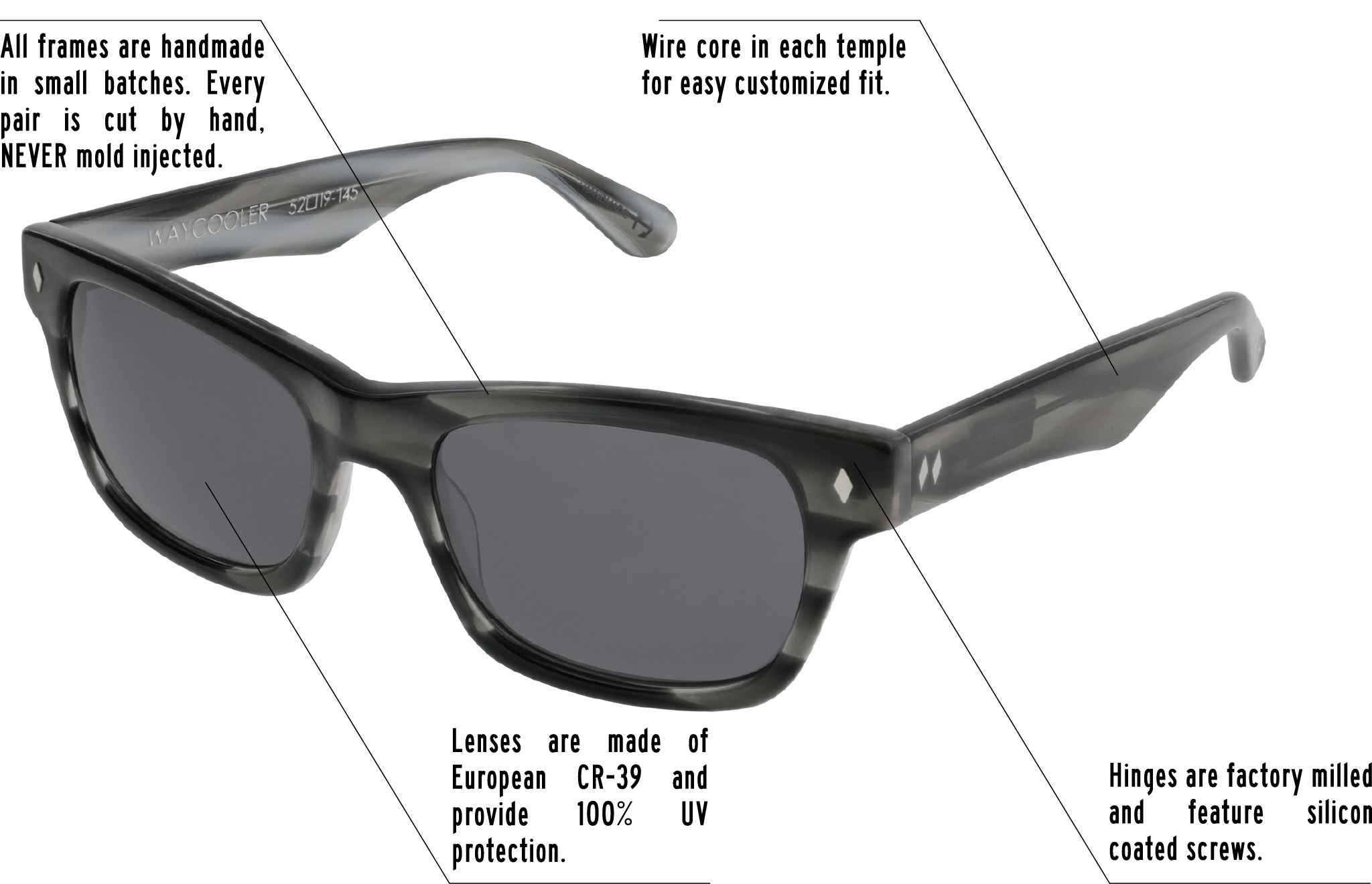 Hinges are factory milled and feature silicon coated screws. All frames are handmade in small batches. Every pair is cut by hand. Never Mold injected. Wire core in each temple for easy customized fit. Lenses are made of shatterproof European CR-39 and provide 100% UV protection.