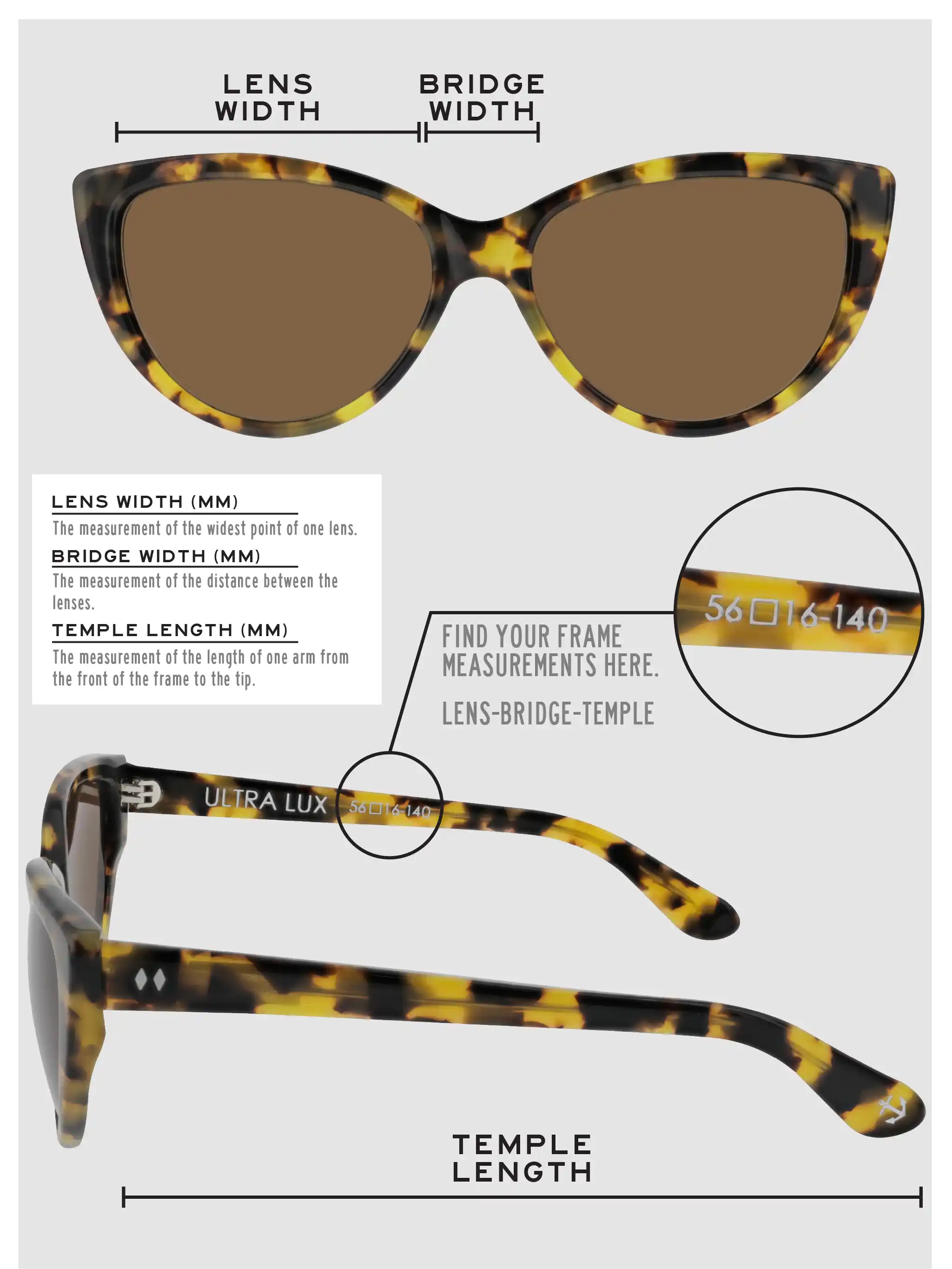 Lens Width: the measurement (in mm) of the widest point of one lens. Bridge Width: the measurement (in mm) of the distance between lenses. Temple Length: the measurement of the length of one arm from the front of the frame to the tip. Measurements are found on the inside of one of the arms in a lens-bridge-temple pattern.