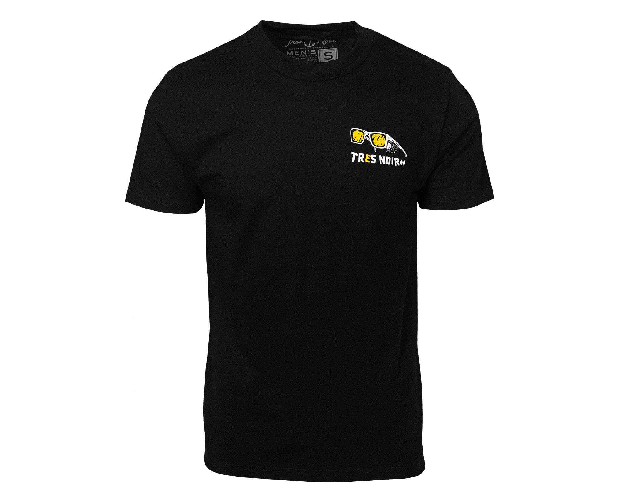 Black t-shirt with a logo on the chest against a white background