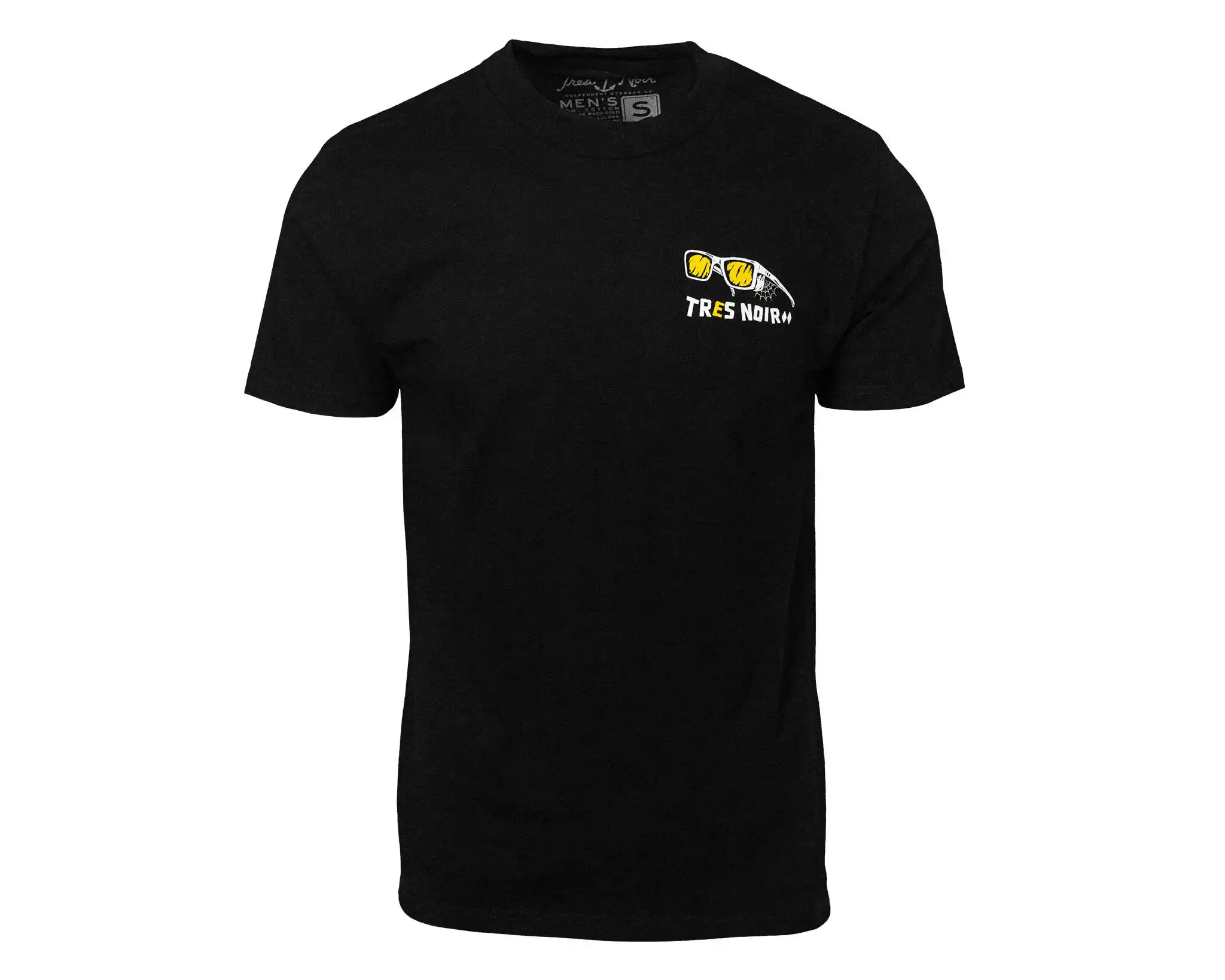Black t-shirt with a logo on the chest against a white background