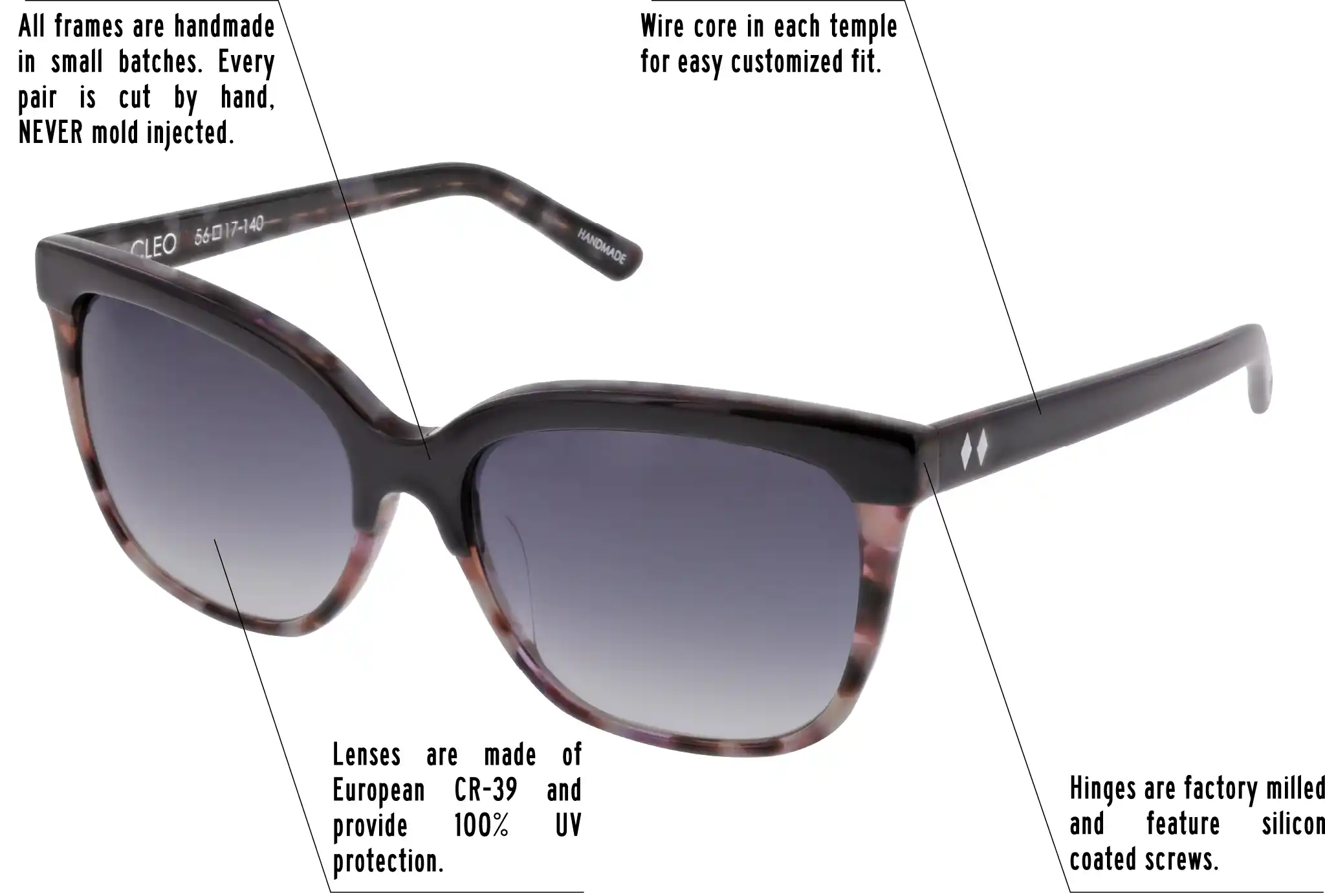 Hinges are factory milled and feature silicon coated screws. All frames are handmade in small batches. Every pair is cut by hand. Never Mold injected. Wire core in each temple for easy customized fit. Lenses are made of shatterproof European CR-39 and provide 100% UV protection.