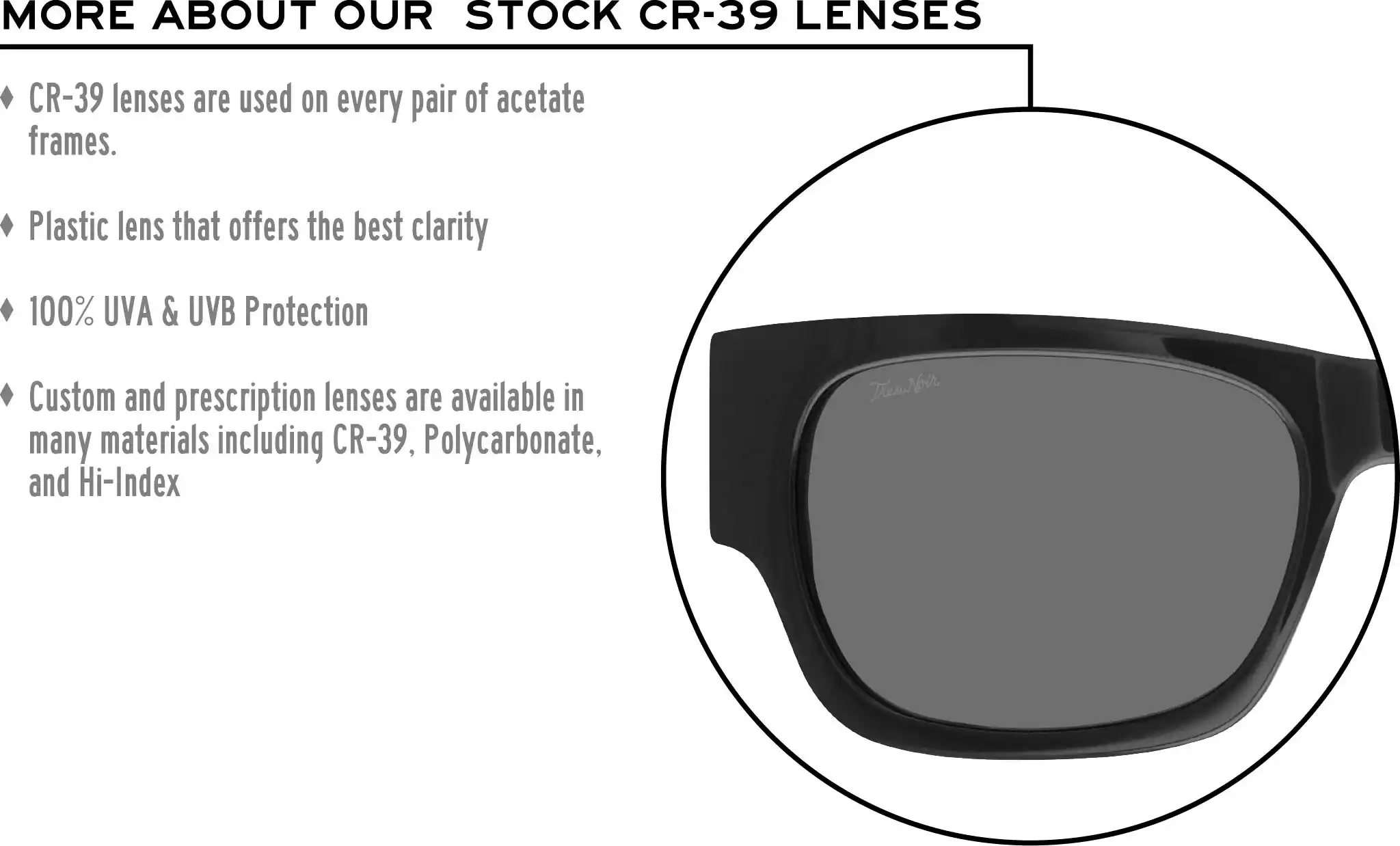 More about our stock cr-39 lenses: CR-39 lenses are used on every pair of acetate frames. Best plastic for clarity. 100% UVA & UVB protection. Shatterproof plastic. Custom and prescription lenses are available in many materials including CR-39, Polycarbonate, and Hi-Index.