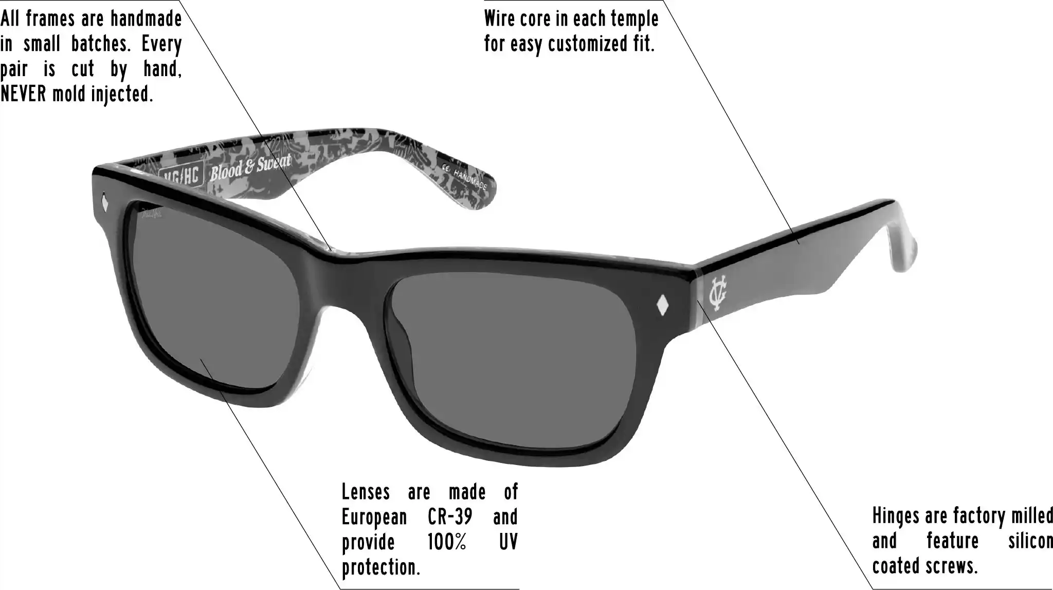 Hinges are factory milled and feature silicon coated screws. All frames are handmade in small batches. Every pair is cut by hand. Never Mold injected. Wire core in each temple for easy customized fit. Lenses are made of shatterproof European CR-39 and provide 100% UV protection.