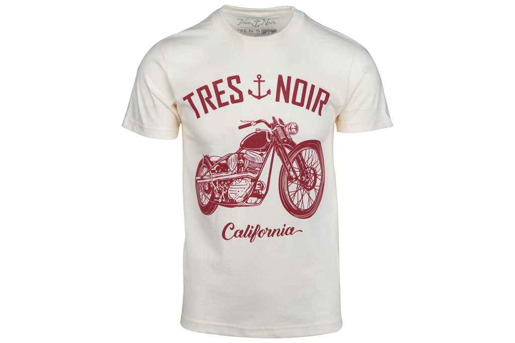 White T-Shirt With Red Tres Noir Lettering And Motorcycle