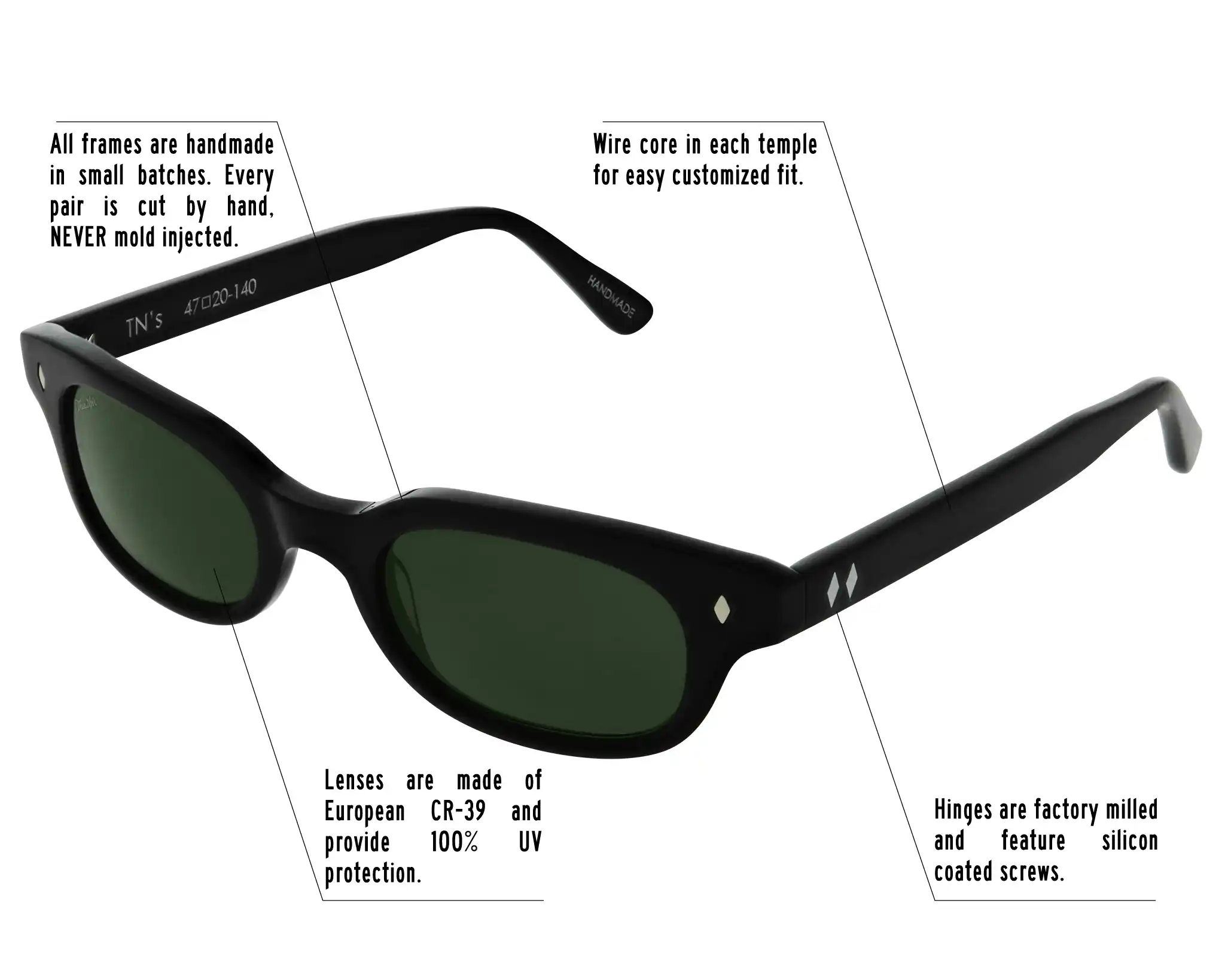 Hinges are factory milled and feature silicon coated screws. All frames are handmade in small batches. Every pair is cut by hand. Never Mold injected. Wire core in each temple for easy customized fit. Lenses are made of shatterproof European CR-39 and provide 100% UV protection.