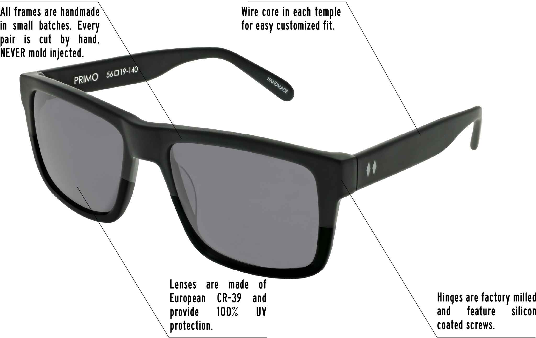 Hinges are factory milled and feature silicon coated screws. All frames are handmade in small batches. Every pair is cut by hand. Never Mold injected. Wire core in each temple for easy customized fit. Lenses are made of shatterproof European CR-39 and provide 100% UV protection.