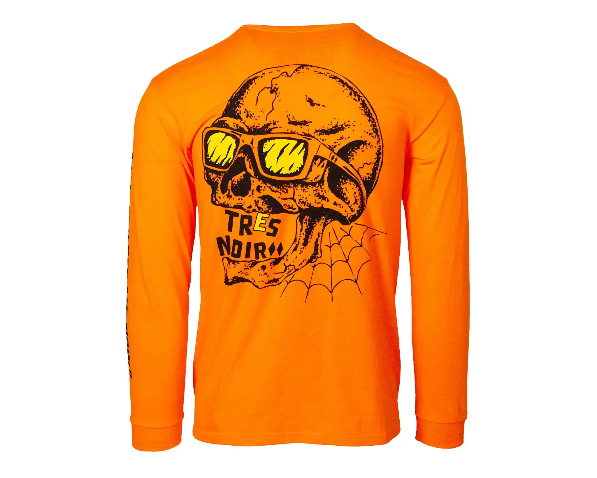 Orange long-sleeve shirt with a skull and sunglasses graphic on a white background