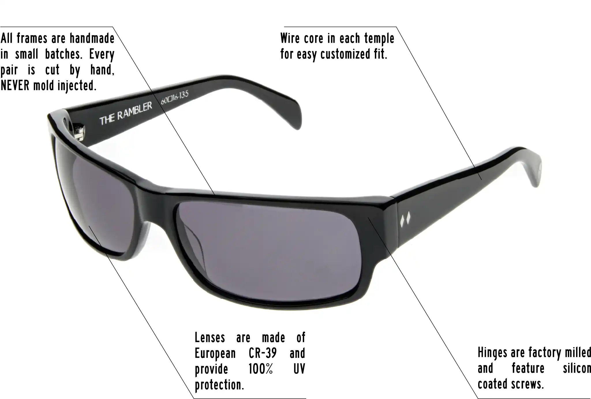 Hinges are factory milled and feature silicon coated screws. All frames are handmade in small batches. Every pair is cut by hand. Never Mold injected. Wire core in each temple for easy customized fit. Lenses are made of shatterproof European CR-39 and provide 100% UV protection.