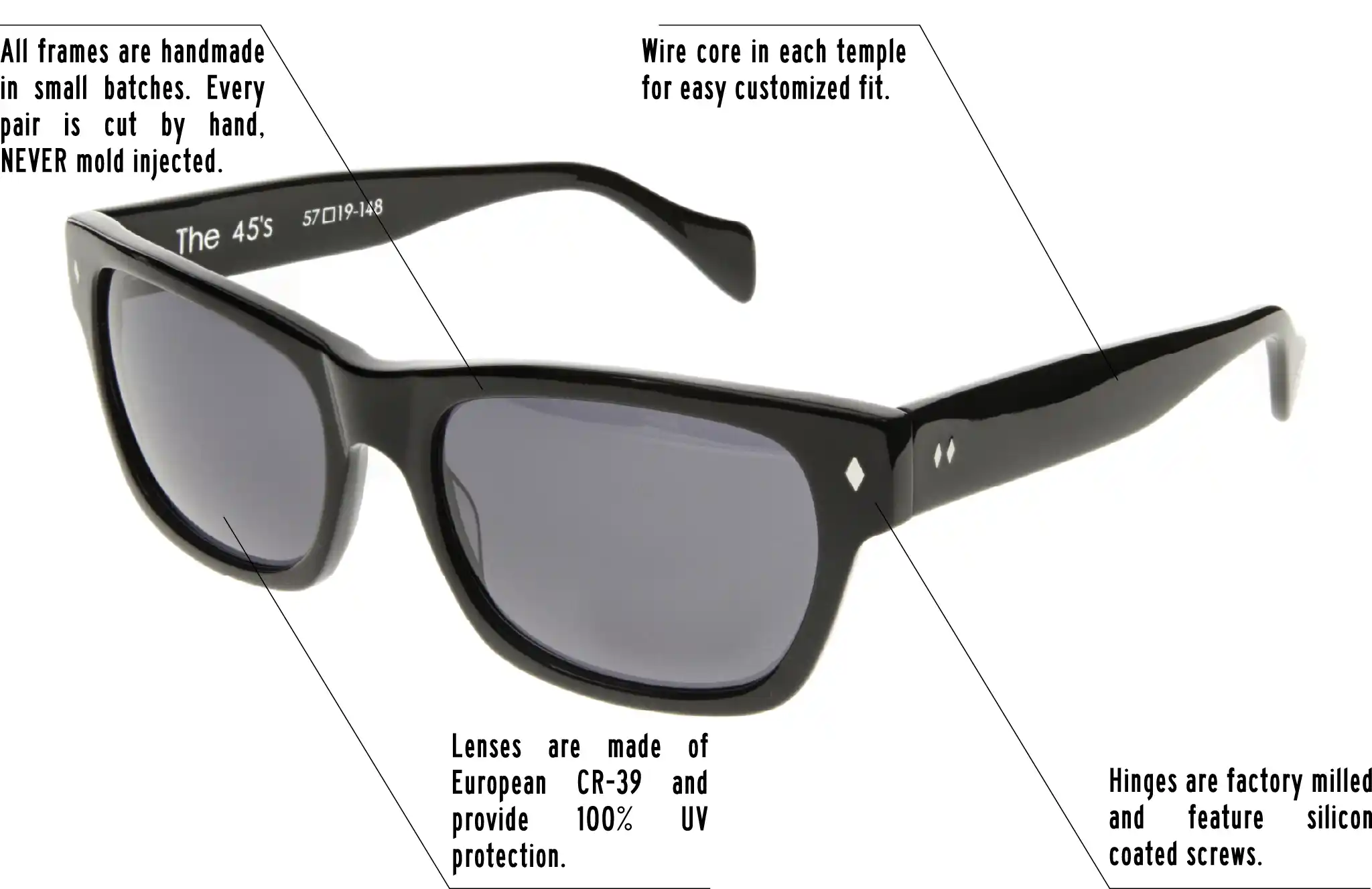 Hinges are factory milled and feature silicon coated screws. All frames are handmade in small batches. Every pair is cut by hand. Never Mold injected. Wire core in each temple for easy customized fit. Lenses are made of shatterproof European CR-39 and provide 100% UV protection.
