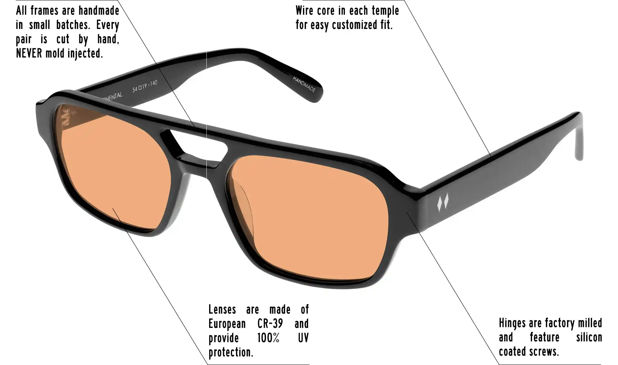 Hinges are factory milled and feature silicon coated screws. All frames are handmade in small batches. Every pair is cut by hand. Never Mold injected. Wire core in each temple for easy customized fit. Lenses are made of shatterproof European CR-39 and provide 100% UV protection.