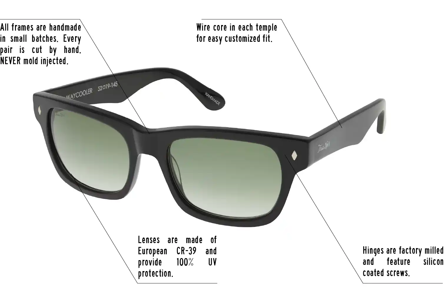 Hinges are factory milled and feature silicon coated screws. All frames are handmade in small batches. Every pair is cut by hand. Never Mold injected. Wire core in each temple for easy customized fit. Lenses are made of shatterproof European CR-39 and provide 100% UV protection.