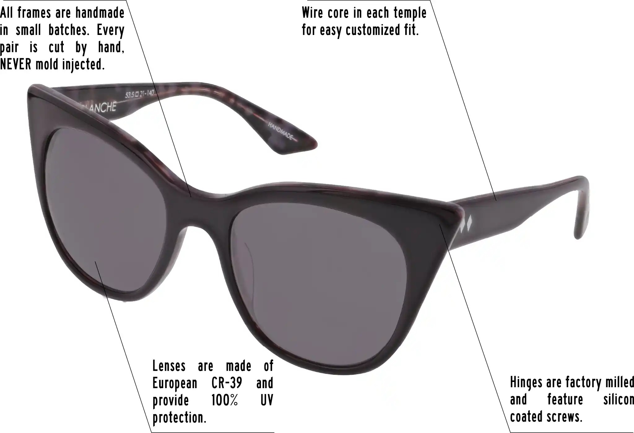 Hinges are factory milled and feature silicon coated screws. All frames are handmade in small batches. Every pair is cut by hand. Never Mold injected. Wire core in each temple for easy customized fit. Lenses are made of shatterproof European CR-39 and provide 100% UV protection.