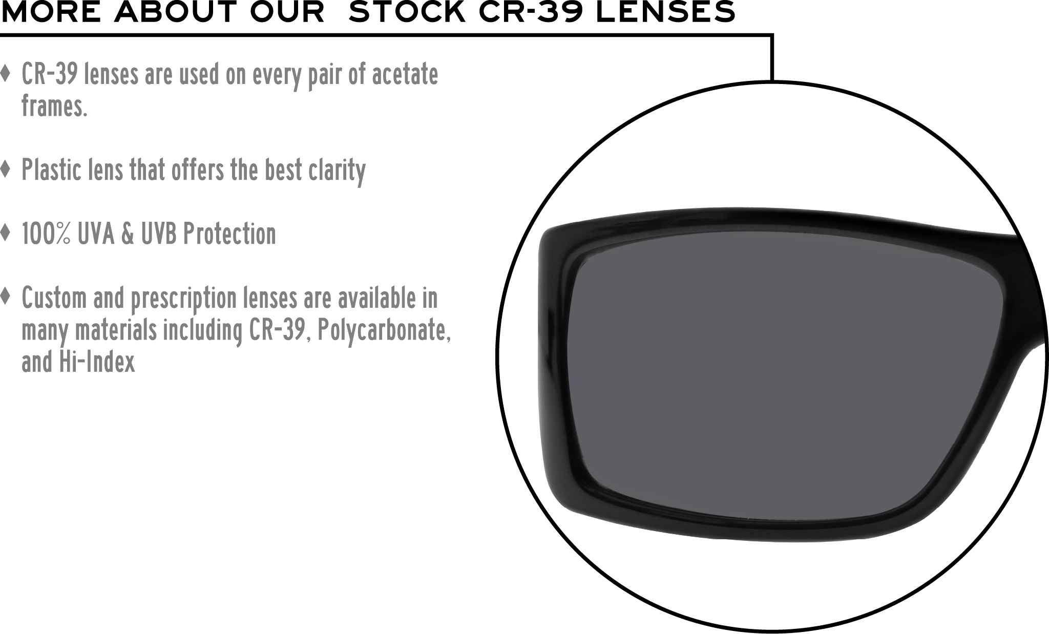 More about our stock cr-39 lenses: CR-39 lenses are used on every pair of acetate frames. Best plastic for clarity. 100% UVA & UVB protection. Shatterproof plastic. Custom and prescription lenses are available in many materials including CR-39, Polycarbonate, and Hi-Index.