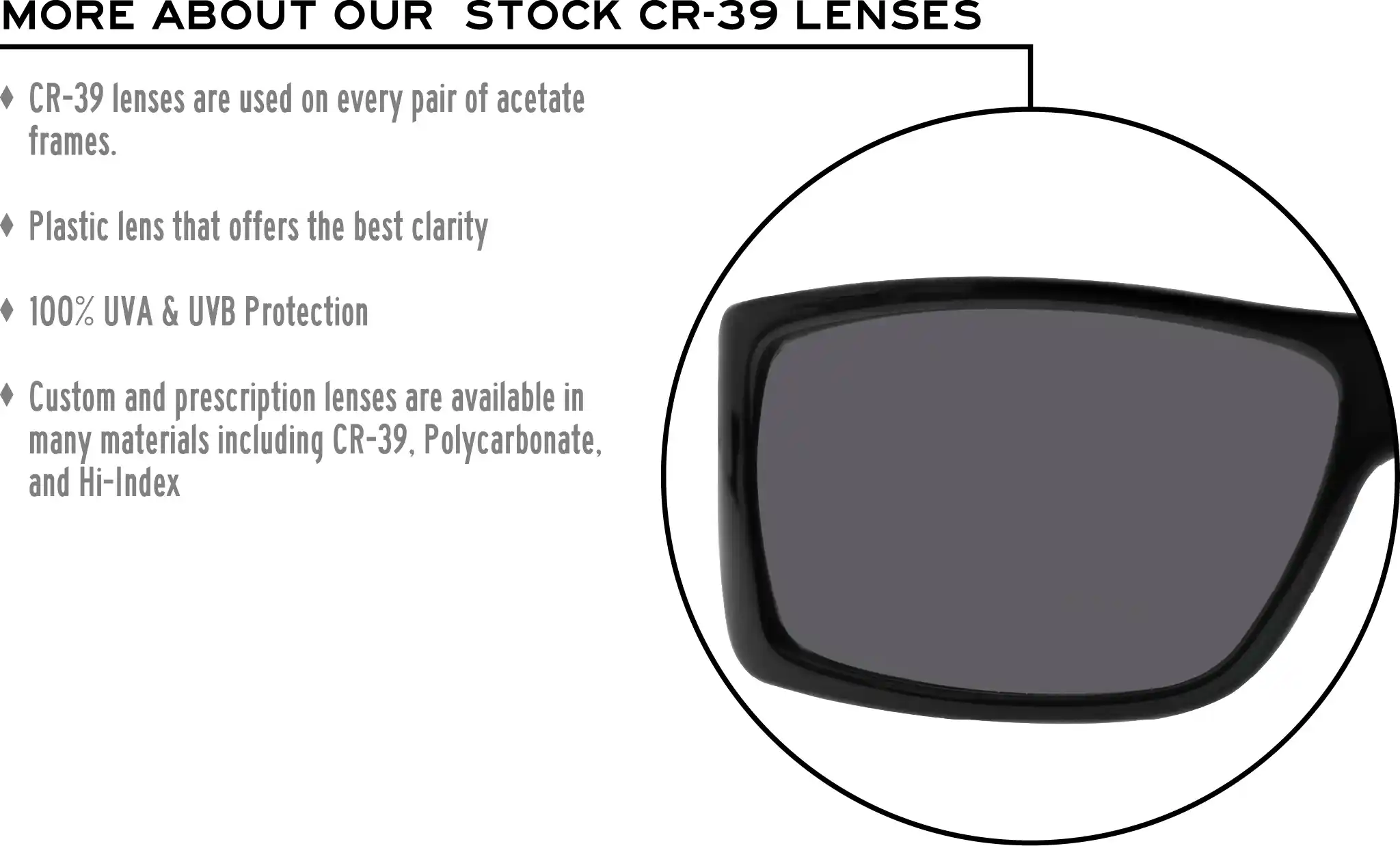 More about our stock cr-39 lenses: CR-39 lenses are used on every pair of acetate frames. Best plastic for clarity. 100% UVA & UVB protection. Shatterproof plastic. Custom and prescription lenses are available in many materials including CR-39, Polycarbonate, and Hi-Index.