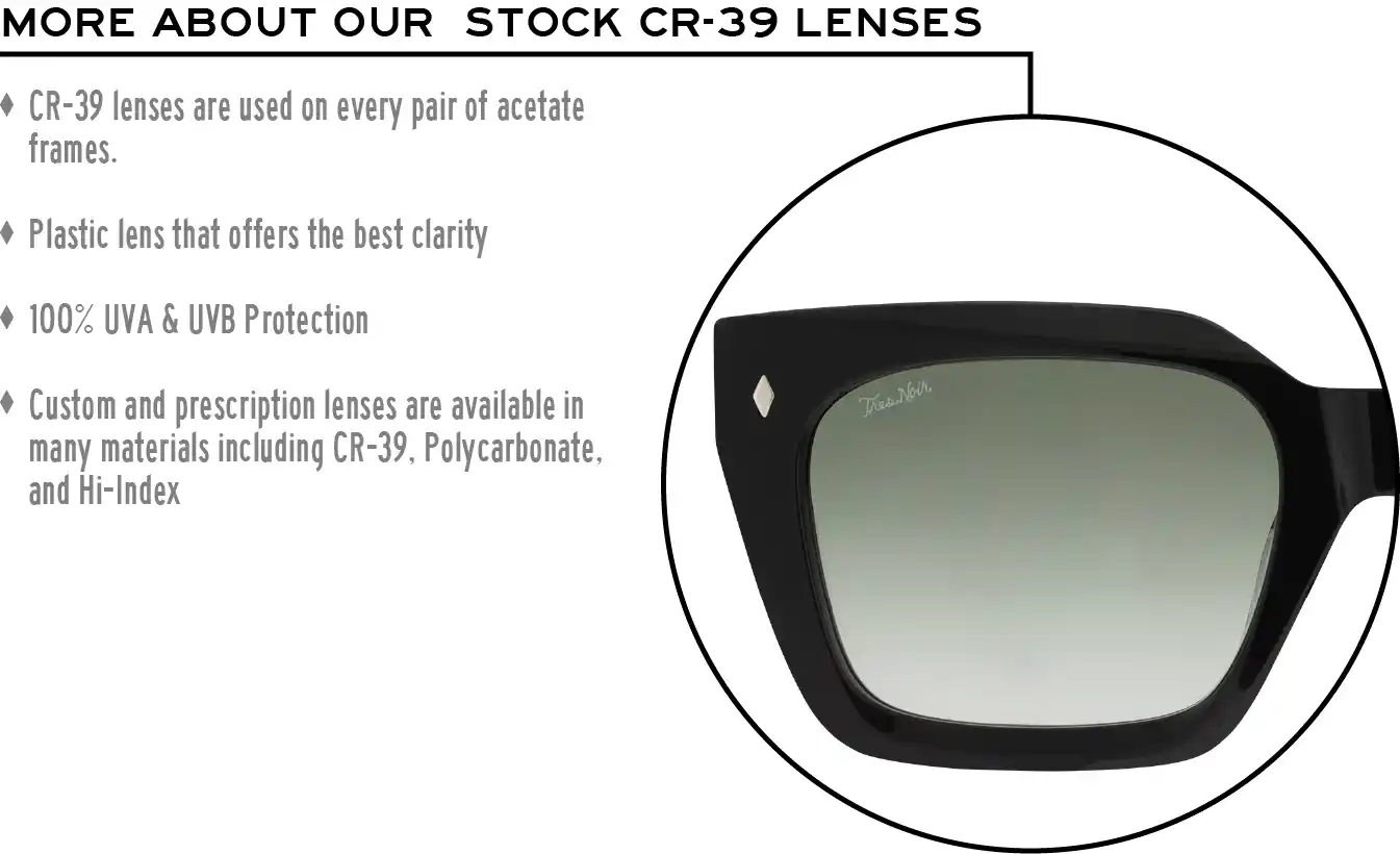 More about our stock cr-39 lenses: CR-39 lenses are used on every pair of acetate frames. Best plastic for clarity. 100% UVA & UVB protection. Shatterproof plastic. Custom and prescription lenses are available in many materials including CR-39, Polycarbonate, and Hi-Index.
