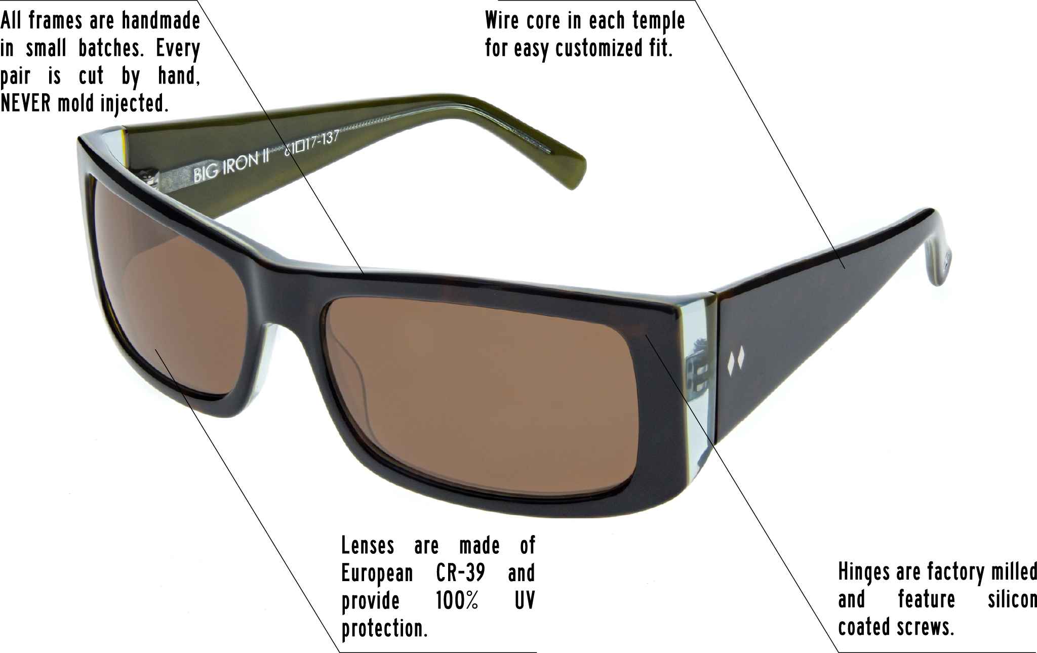 Hinges are factory milled and feature silicon coated screws. All frames are handmade in small batches. Every pair is cut by hand. Never Mold injected. Wire core in each temple for easy customized fit. Lenses are made of shatterproof European CR-39 and provide 100% UV protection.