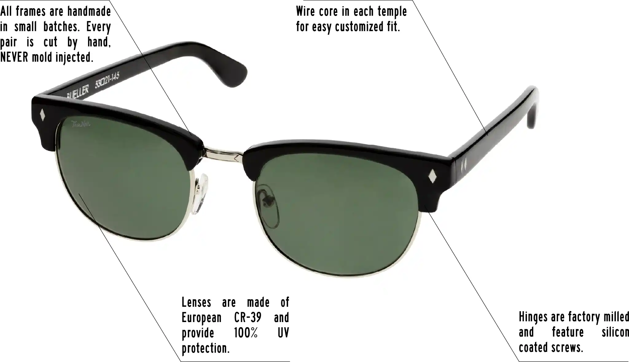 Hinges are factory milled and feature silicon coated screws. All frames are handmade in small batches. Every pair is cut by hand. Never Mold injected. Wire core in each temple for easy customized fit. Lenses are made of shatterproof European CR-39 and provide 100% UV protection.