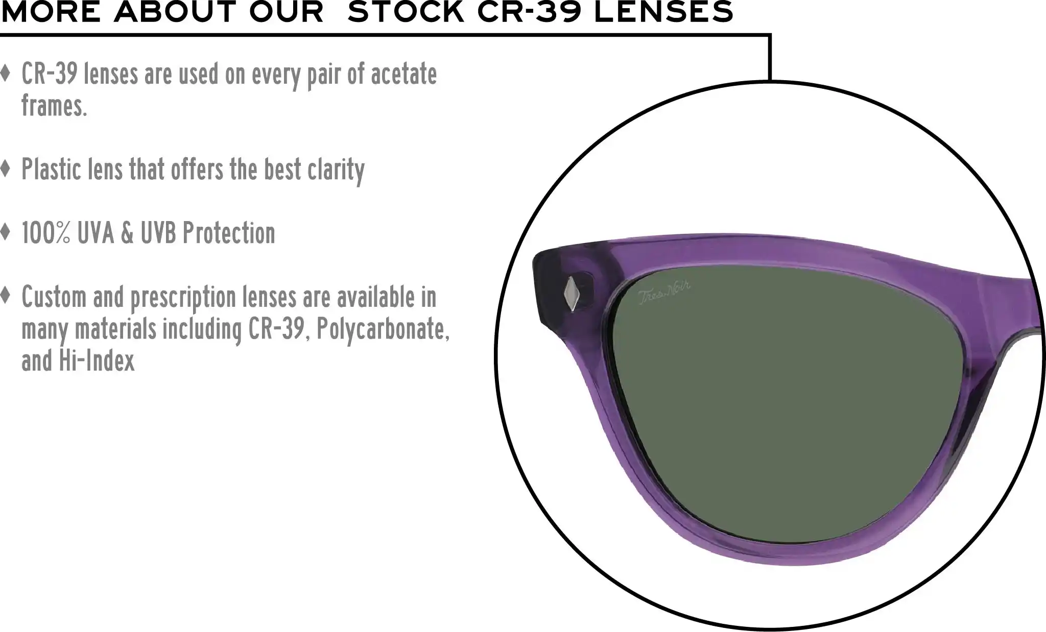 More about our stock cr-39 lenses: CR-39 lenses are used on every pair of acetate frames. Best plastic for clarity. 100% UVA & UVB protection. Shatterproof plastic. Custom and prescription lenses are available in many materials including CR-39, Polycarbonate, and Hi-Index.