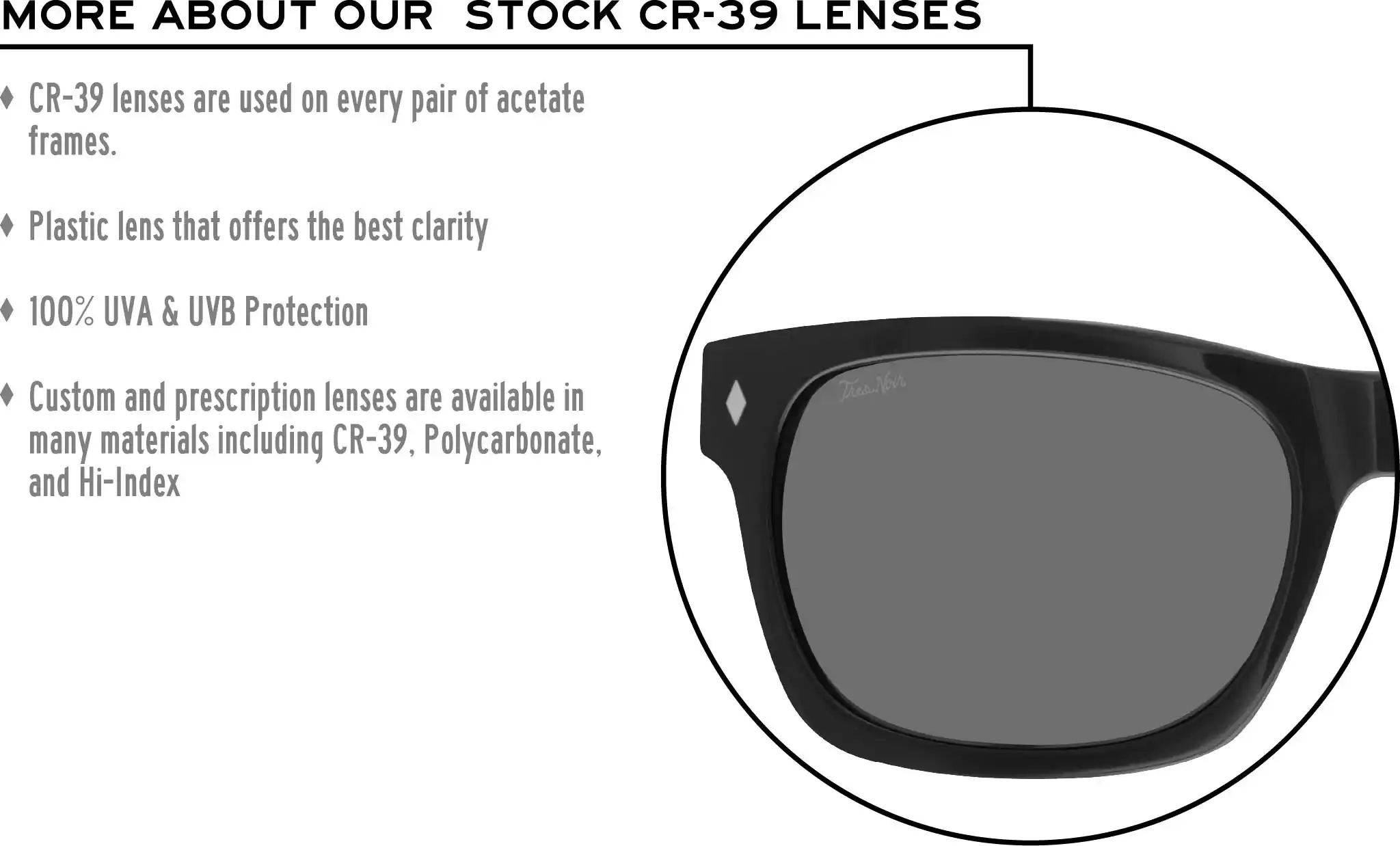 More about our stock cr-39 lenses: CR-39 lenses are used on every pair of acetate frames. Best plastic for clarity. 100% UVA & UVB protection. Shatterproof plastic. Custom and prescription lenses are available in many materials including CR-39, Polycarbonate, and Hi-Index.