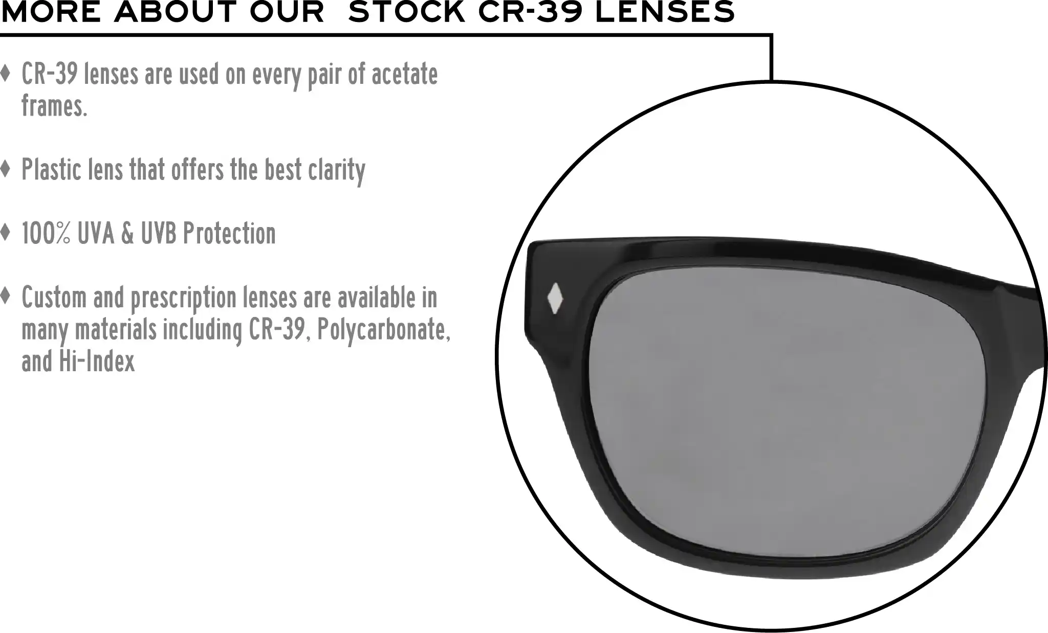 More about our stock cr-39 lenses: CR-39 lenses are used on every pair of acetate frames. Best plastic for clarity. 100% UVA & UVB protection. Shatterproof plastic. Custom and prescription lenses are available in many materials including CR-39, Polycarbonate, and Hi-Index.