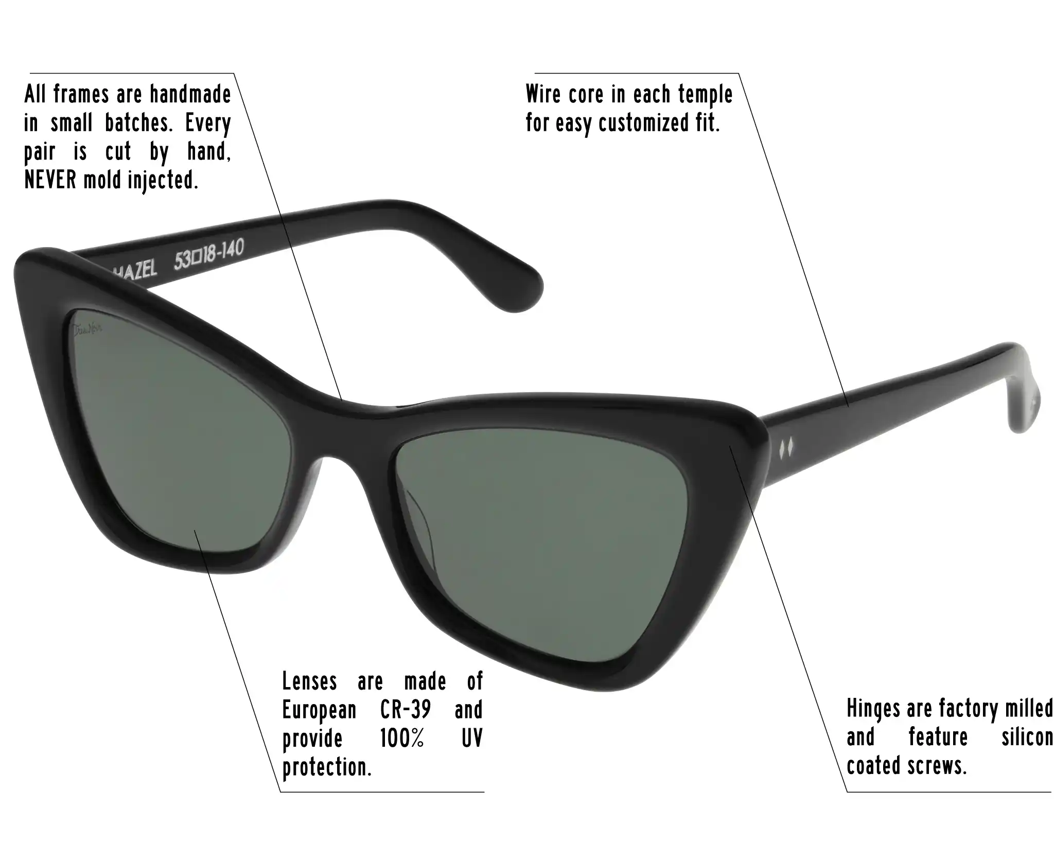 Hinges are factory milled and feature silicon coated screws. All frames are handmade in small batches. Every pair is cut by hand. Never Mold injected. Wire core in each temple for easy customized fit. Lenses are made of shatterproof European CR-39 and provide 100% UV protection.