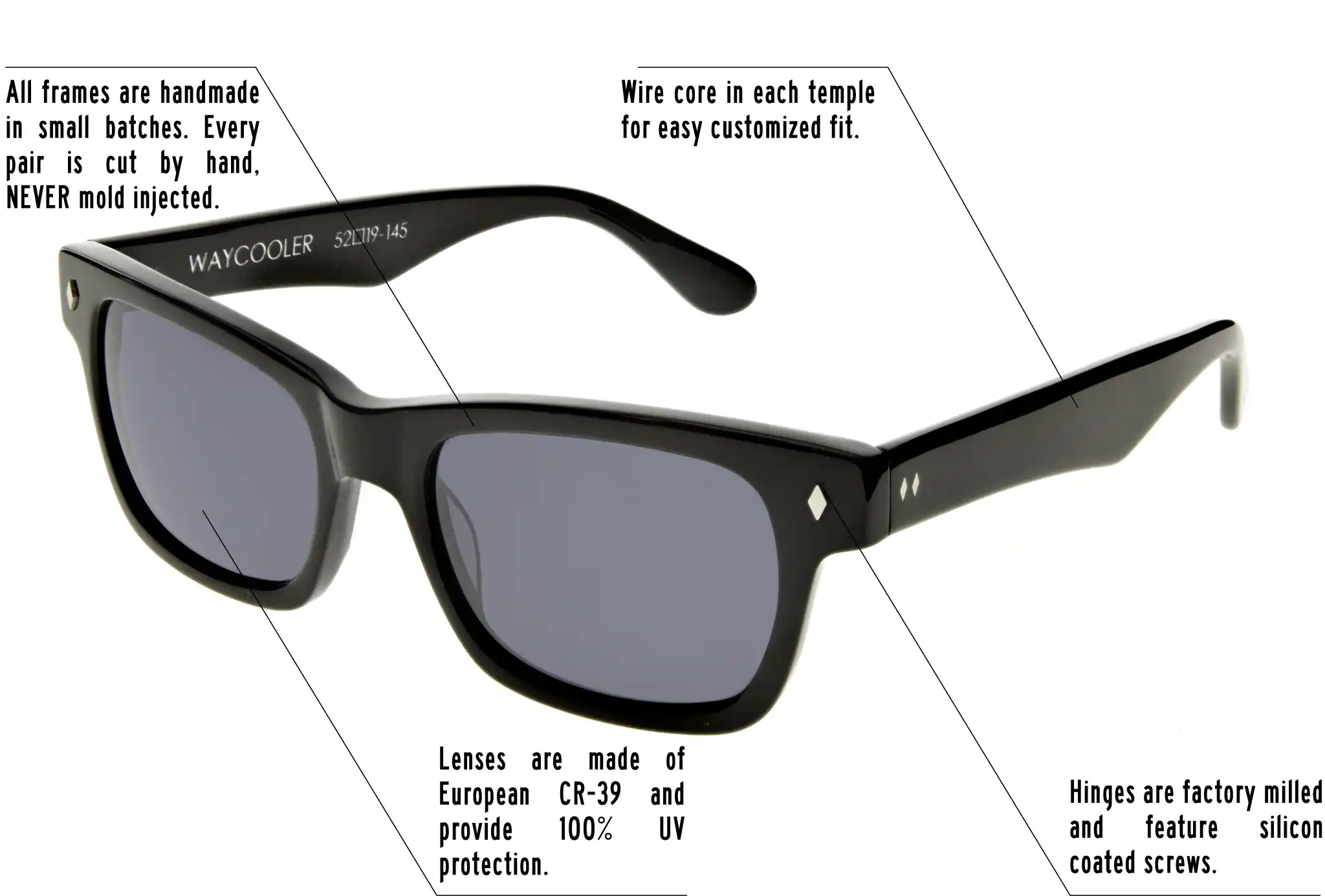 Hinges are factory milled and feature silicon coated screws. All frames are handmade in small batches. Every pair is cut by hand. Never Mold injected. Wire core in each temple for easy customized fit. Lenses are made of shatterproof European CR-39 and provide 100% UV protection.