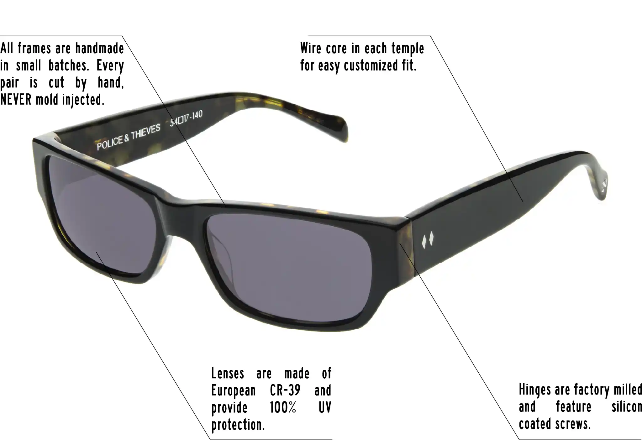 Hinges are factory milled and feature silicon coated screws. All frames are handmade in small batches. Every pair is cut by hand. Never Mold injected. Wire core in each temple for easy customized fit. Lenses are made of shatterproof European CR-39 and provide 100% UV protection.