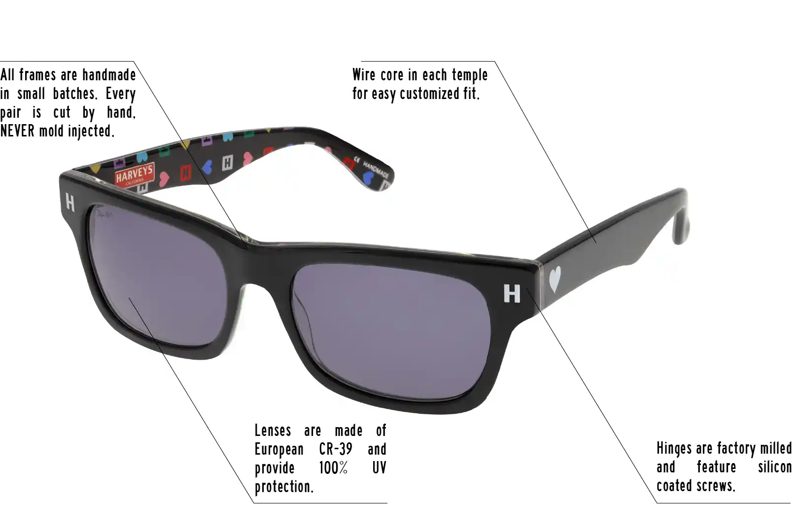 Hinges are factory milled and feature silicon coated screws. All frames are handmade in small batches. Every pair is cut by hand. Never Mold injected. Wire core in each temple for easy customized fit. Lenses are made of shatterproof European CR-39 and provide 100% UV protection.