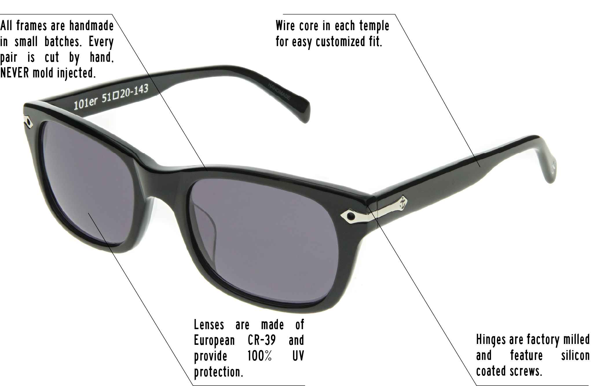 Hinges are factory milled and feature silicon coated screws. All frames are handmade in small batches. Every pair is cut by hand. Never Mold injected. Wire core in each temple for easy customized fit. Lenses are made of shatterproof European CR-39 and provide 100% UV protection.