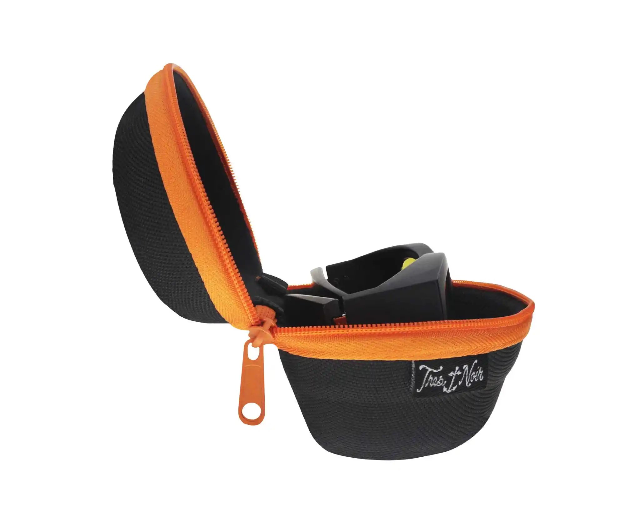 Black and orange car seat safety harness with a visible brand logo on a white background