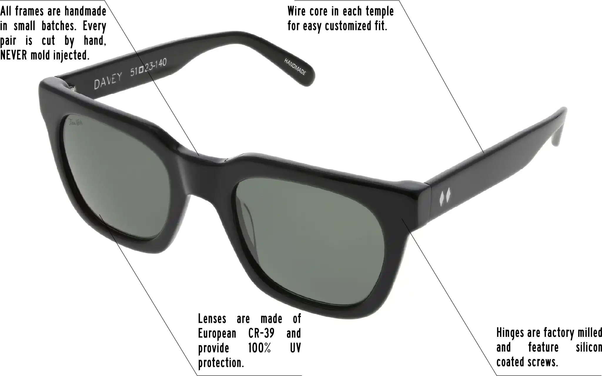 Hinges are factory milled and feature silicon coated screws. All frames are handmade in small batches. Every pair is cut by hand. Never Mold injected. Wire core in each temple for easy customized fit. Lenses are made of shatterproof European CR-39 and provide 100% UV protection.