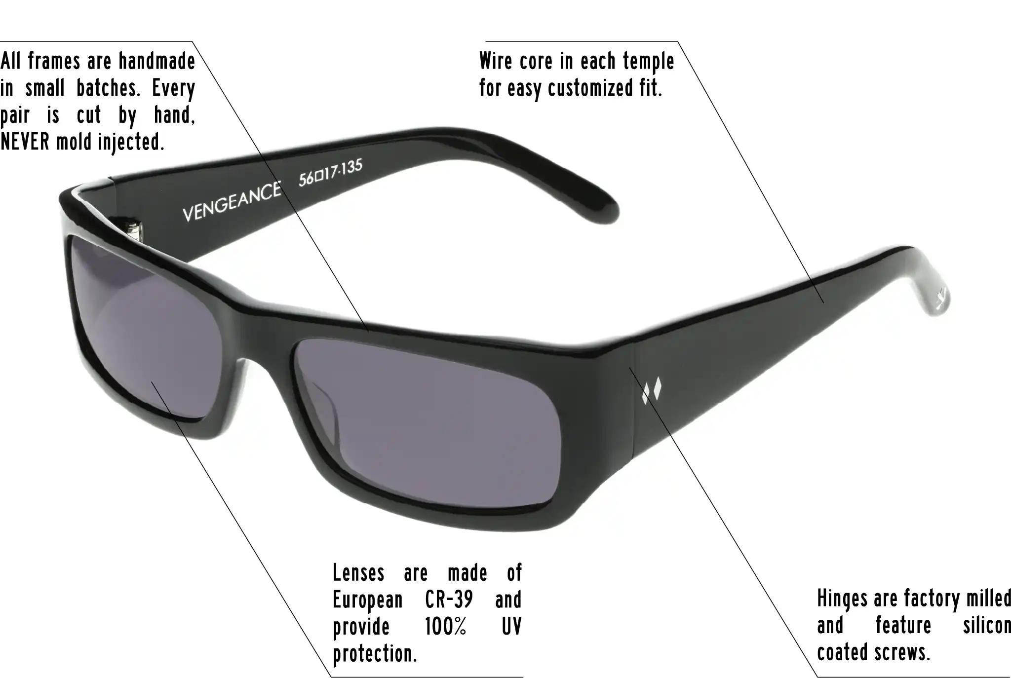 Hinges are factory milled and feature silicon coated screws. All frames are handmade in small batches. Every pair is cut by hand. Never Mold injected. Wire core in each temple for easy customized fit. Lenses are made of shatterproof European CR-39 and provide 100% UV protection.