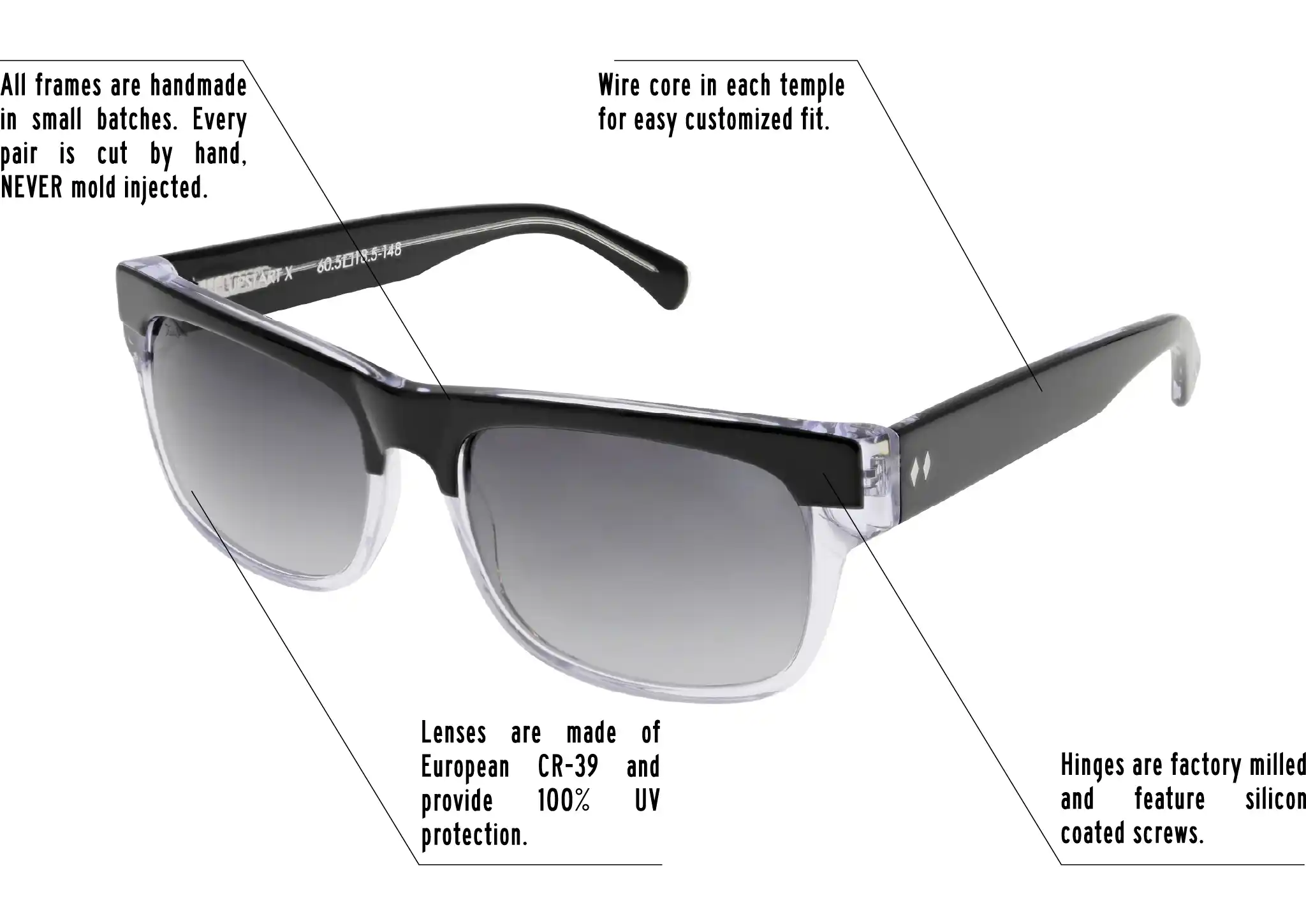 Hinges are factory milled and feature silicon coated screws. All frames are handmade in small batches. Every pair is cut by hand. Never Mold injected. Wire core in each temple for easy customized fit. Lenses are made of shatterproof European CR-39 and provide 100% UV protection.