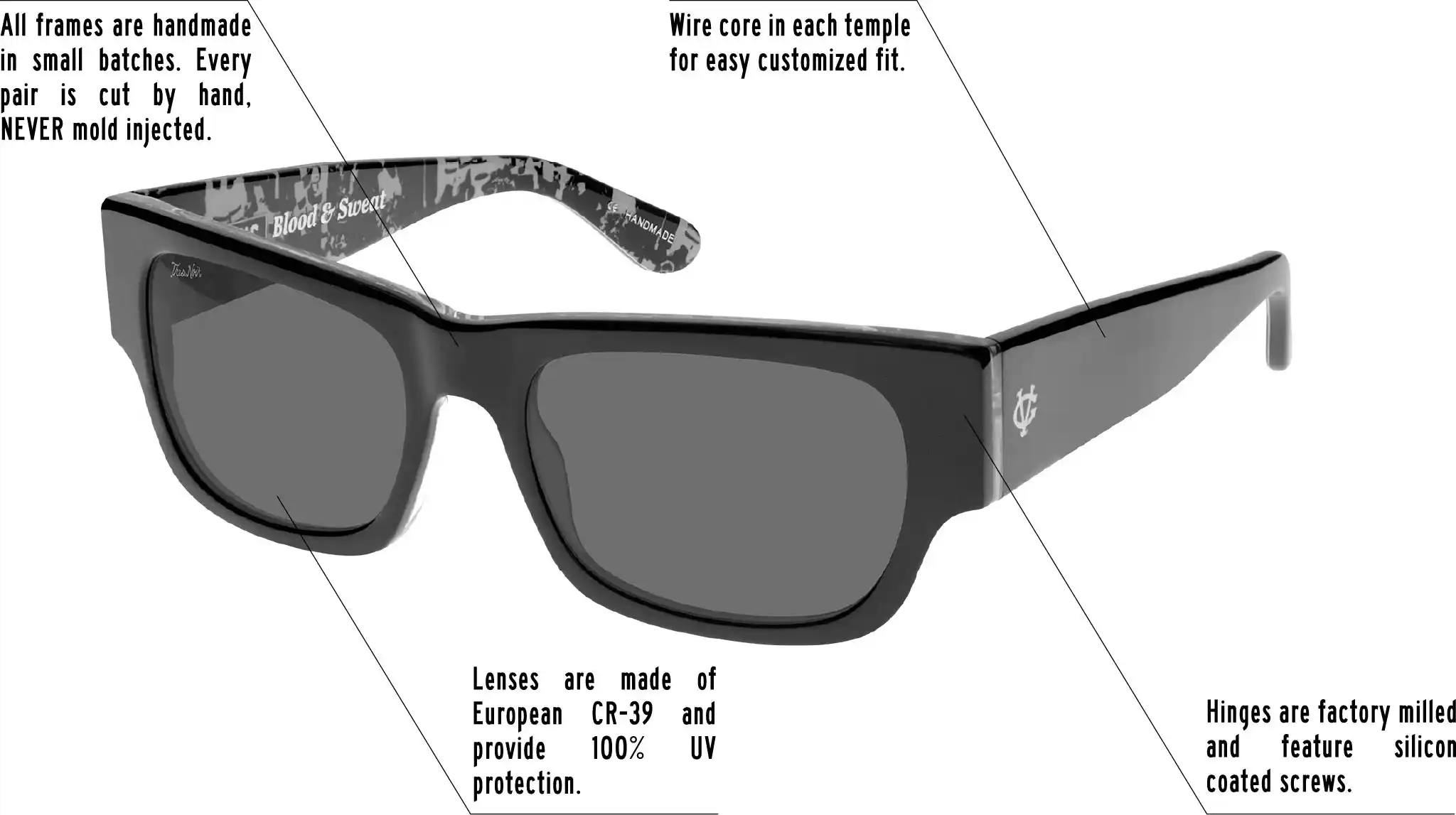 Hinges are factory milled and feature silicon coated screws. All frames are handmade in small batches. Every pair is cut by hand. Never Mold injected. Wire core in each temple for easy customized fit. Lenses are made of shatterproof European CR-39 and provide 100% UV protection.