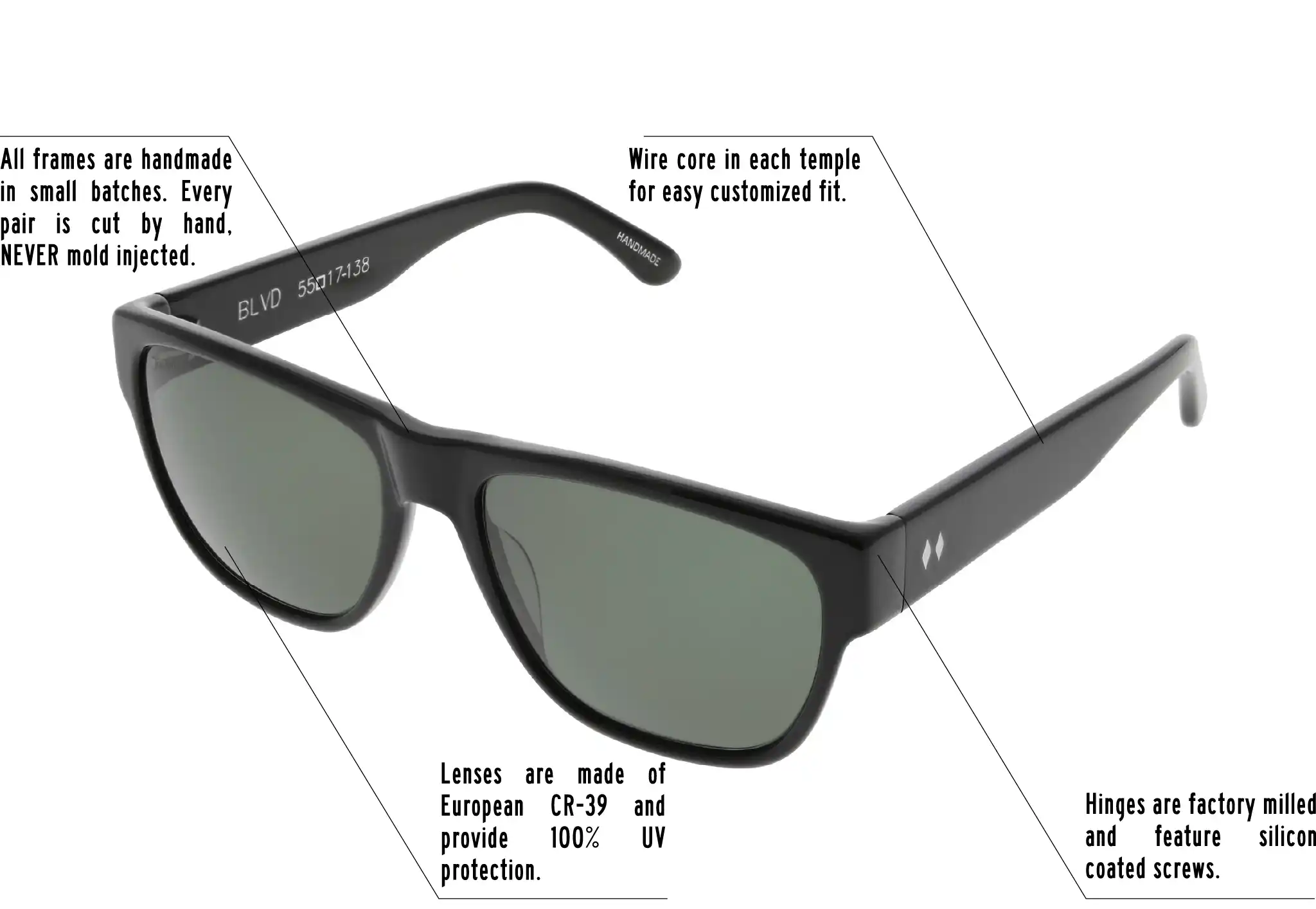 Hinges are factory milled and feature silicon coated screws. All frames are handmade in small batches. Every pair is cut by hand. Never Mold injected. Wire core in each temple for easy customized fit. Lenses are made of shatterproof European CR-39 and provide 100% UV protection.