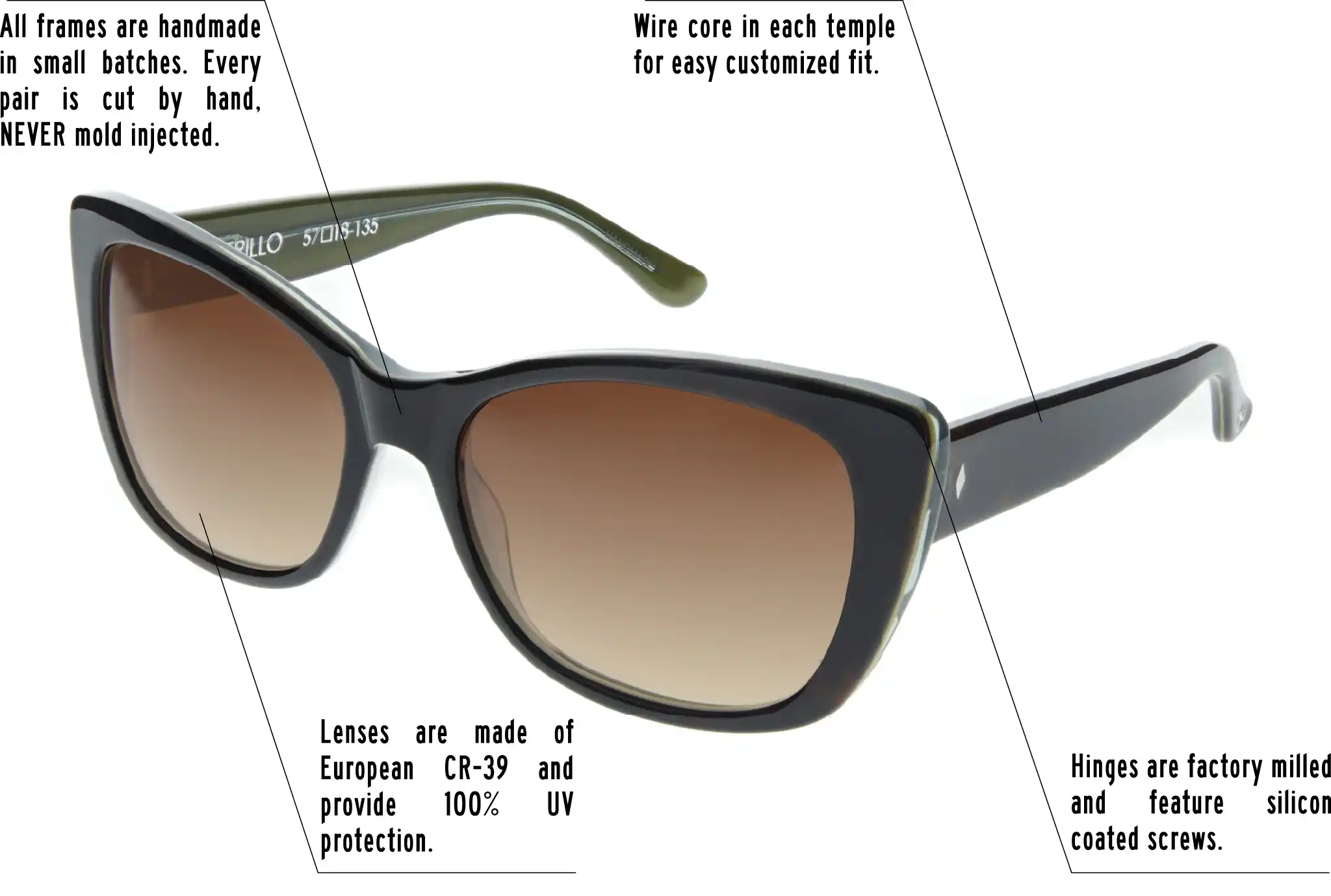 Hinges are factory milled and feature silicon coated screws. All frames are handmade in small batches. Every pair is cut by hand. Never Mold injected. Wire core in each temple for easy customized fit. Lenses are made of shatterproof European CR-39 and provide 100% UV protection.