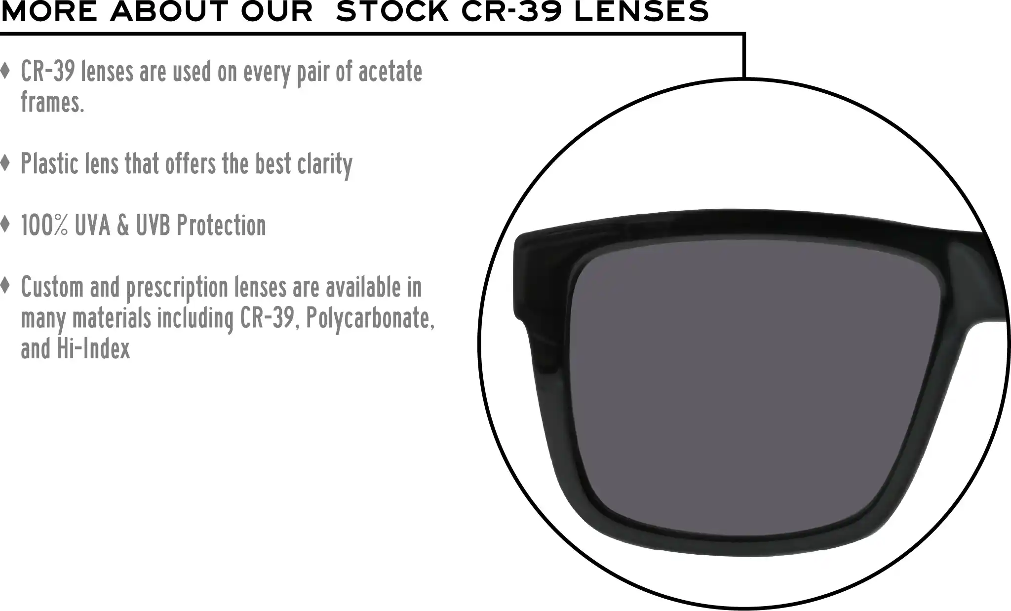 More about our stock cr-39 lenses: CR-39 lenses are used on every pair of acetate frames. Best plastic for clarity. 100% UVA & UVB protection. Shatterproof plastic. Custom and prescription lenses are available in many materials including CR-39, Polycarbonate, and Hi-Index.