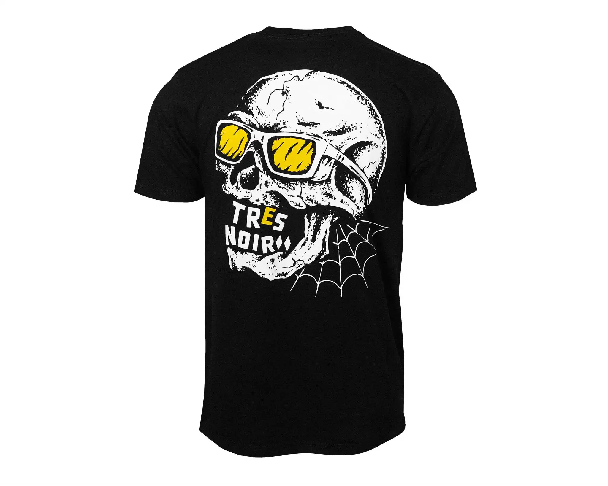 Black t-shirt with a skull design and 'TRES NOIR' text on a white background