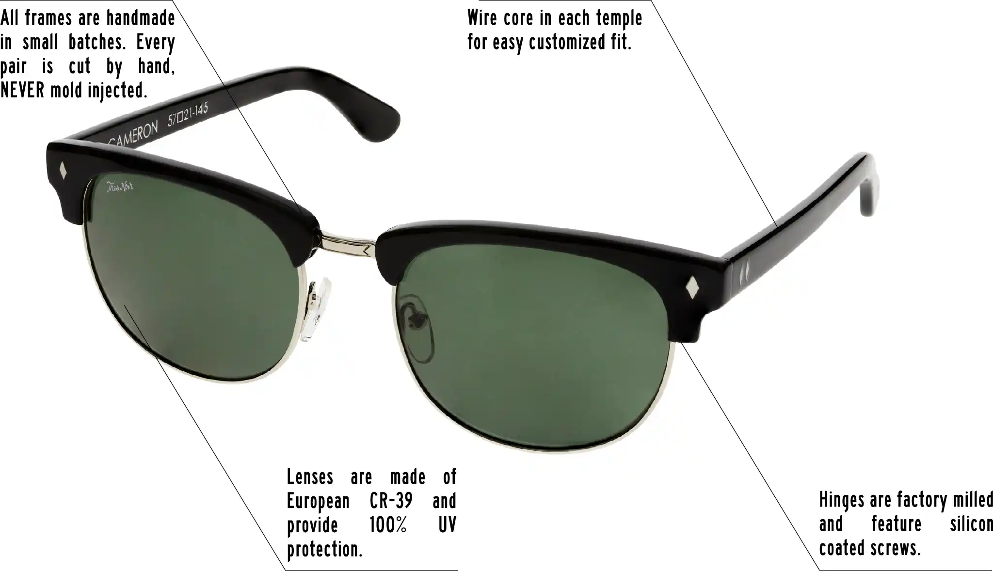 Hinges are factory milled and feature silicon coated screws. All frames are handmade in small batches. Every pair is cut by hand. Never Mold injected. Wire core in each temple for easy customized fit. Lenses are made of shatterproof European CR-39 and provide 100% UV protection.