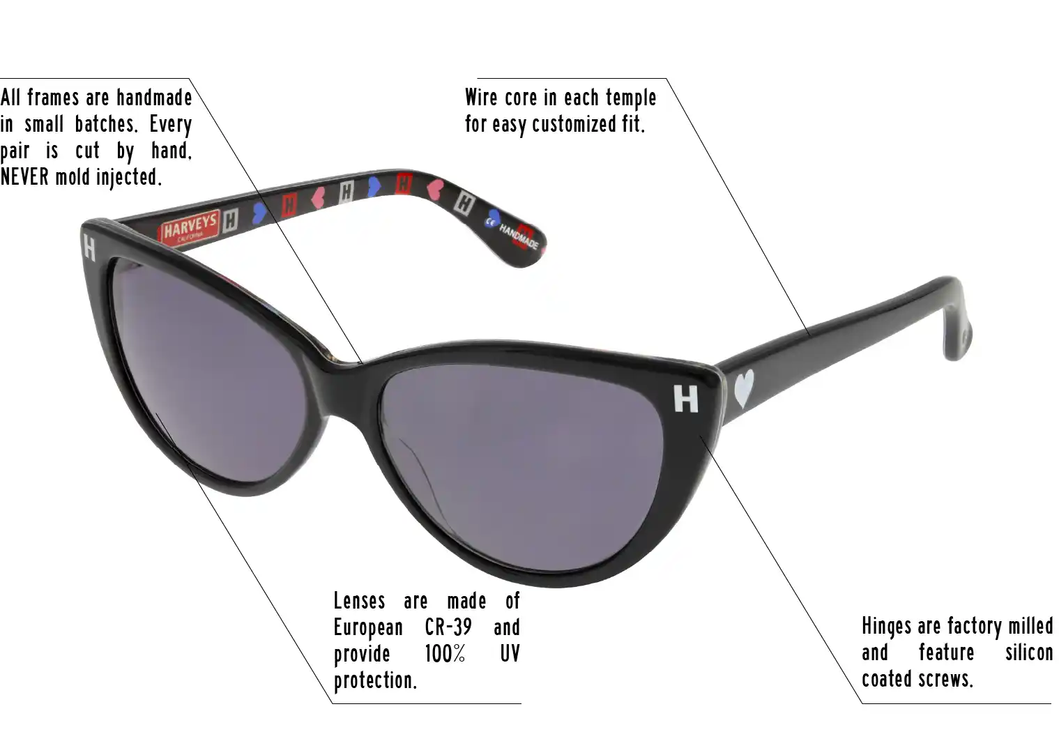 Hinges are factory milled and feature silicon coated screws. All frames are handmade in small batches. Every pair is cut by hand. Never Mold injected. Wire core in each temple for easy customized fit. Lenses are made of shatterproof European CR-39 and provide 100% UV protection.