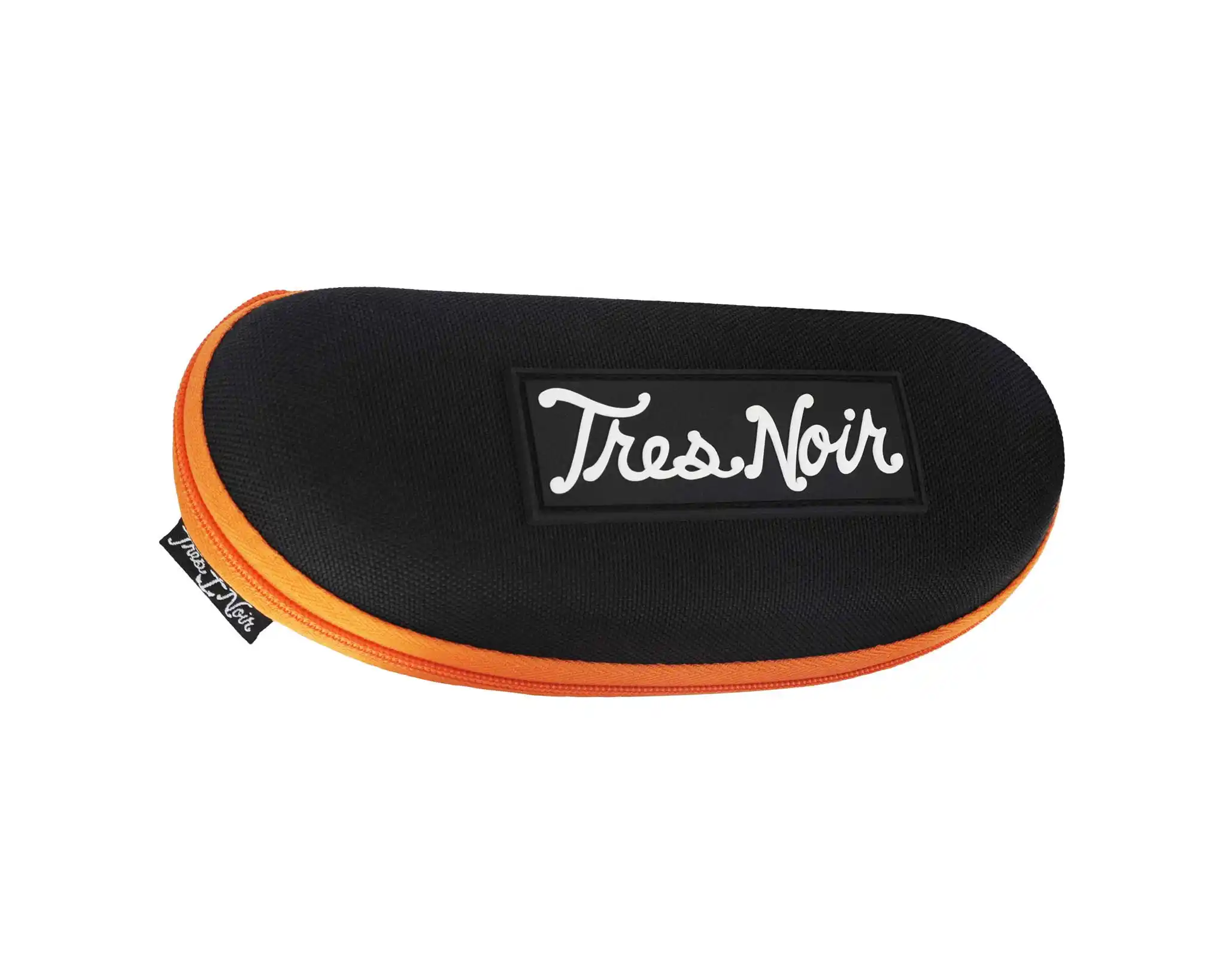 Black and orange sunglasses case with 'Tres Noir' branding on a white background
