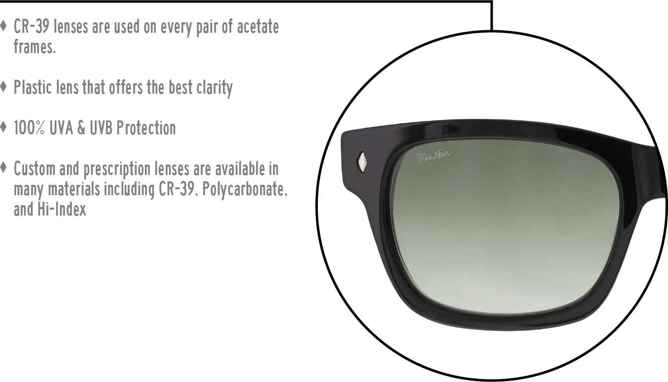 More about our stock cr-39 lenses: CR-39 lenses are used on every pair of acetate frames. Best plastic for clarity. 100% UVA & UVB protection. Shatterproof plastic. Custom and prescription lenses are available in many materials including CR-39, Polycarbonate, and Hi-Index.