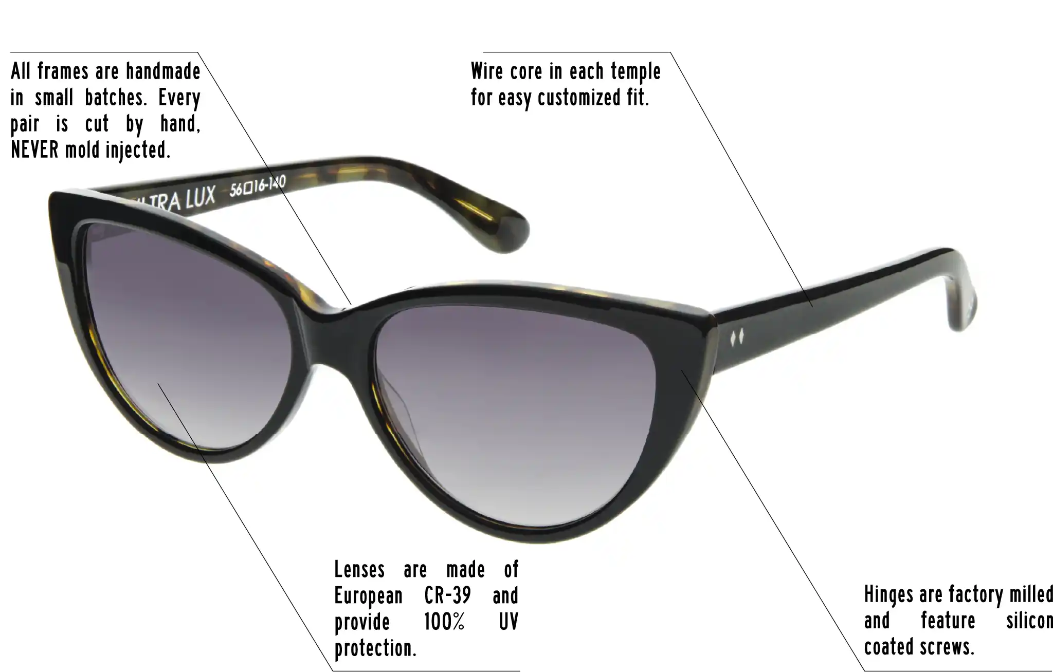 Hinges are factory milled and feature silicon coated screws. All frames are handmade in small batches. Every pair is cut by hand. Never Mold injected. Wire core in each temple for easy customized fit. Lenses are made of shatterproof European CR-39 and provide 100% UV protection.