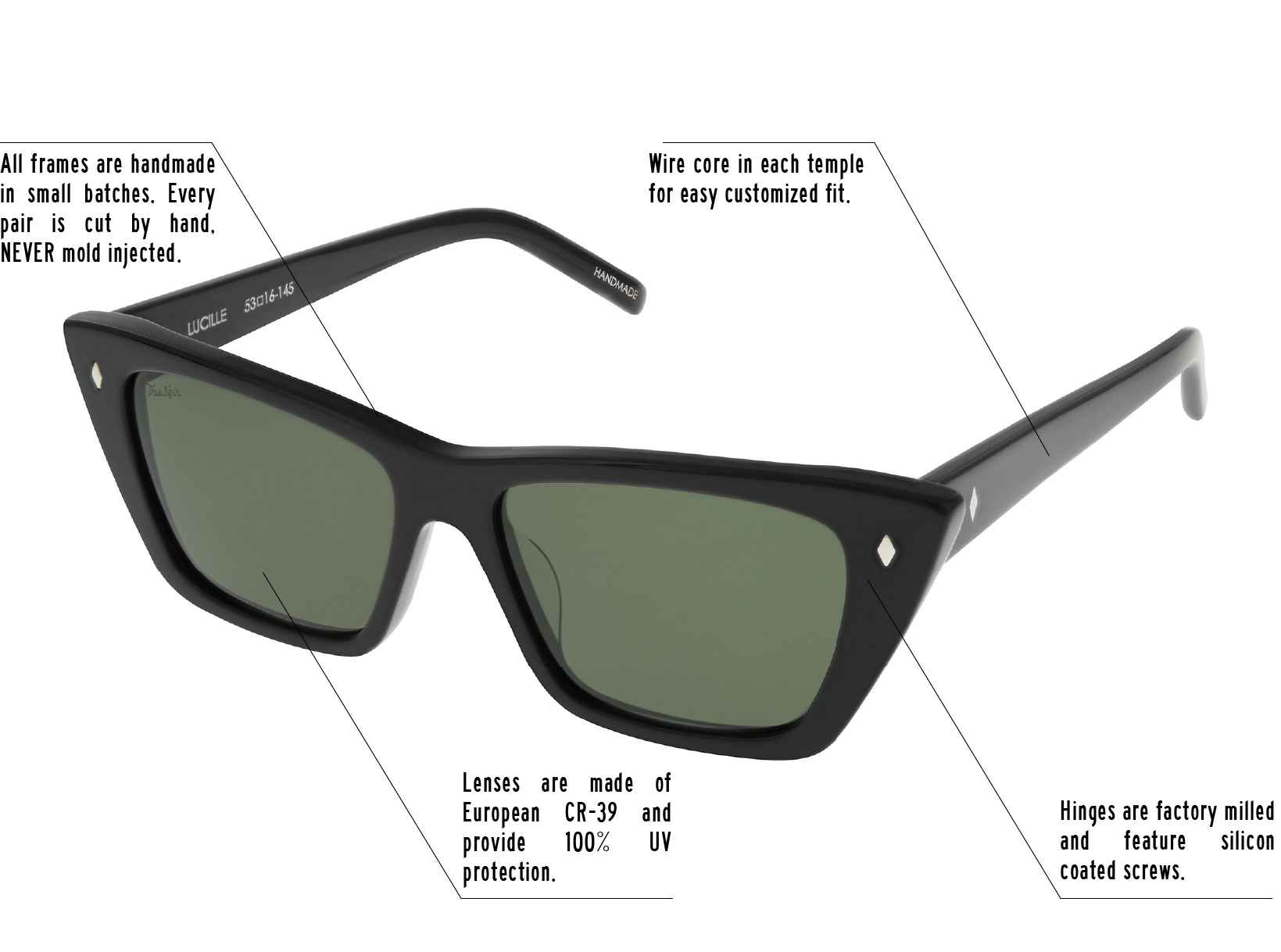 Hinges are factory milled and feature silicon coated screws. All frames are handmade in small batches. Every pair is cut by hand. Never Mold injected. Wire core in each temple for easy customized fit. Lenses are made of shatterproof European CR-39 and provide 100% UV protection.